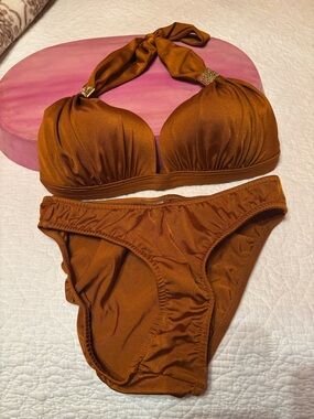 VENUS Copper-Tone Halter Bikini with Decorative Rings
